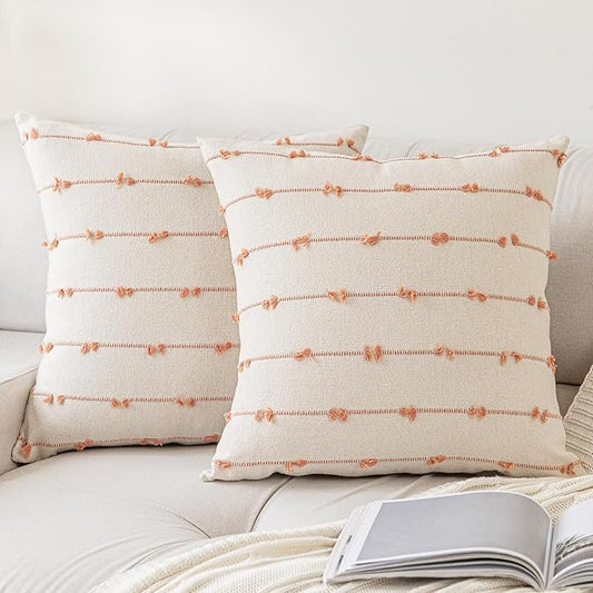 Boho Throw Pillow Covers 24x24 Set of 2 Modern Farmhouse Decorative Cushion Case Tufted Square Pillows Cover Neutral Pillow Cases Accent Pillowcase for Sofa,Couch,Bed,Beige and Pink