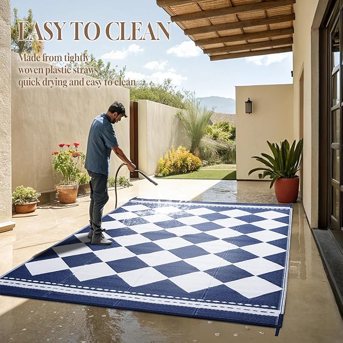 OMERAI Reversible Waterproof Outdoor Rug for Backyard,Plastic Textured Resistant Outdoors Rugs,Portable Washable Easy Cleaning Foldable Camping Beach Carpet for Patio Courtyard, 8'x10' Blue & White