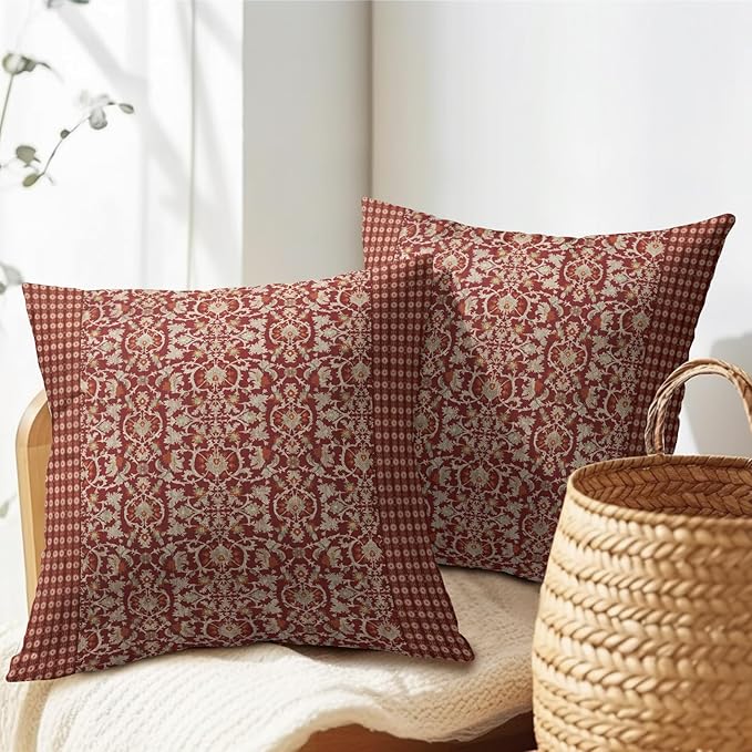 Kawani Red Antique Pillow Covers 18x18 Inch Vintage Floral Block Print Decorative Throw Pillows Set of 2 Retro Turkish Pillowcases for Couch Indoor Outdoor Home Decor