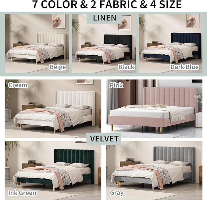 Queen Size Upholstered Platform Bed Frame with Modern Wingback & Vertical Panel Headboard, Velvet Fabric, Wooden Legs & Slats Support, No Box Spring Needed, Noise-Free & Easy Assembly, Ink Green