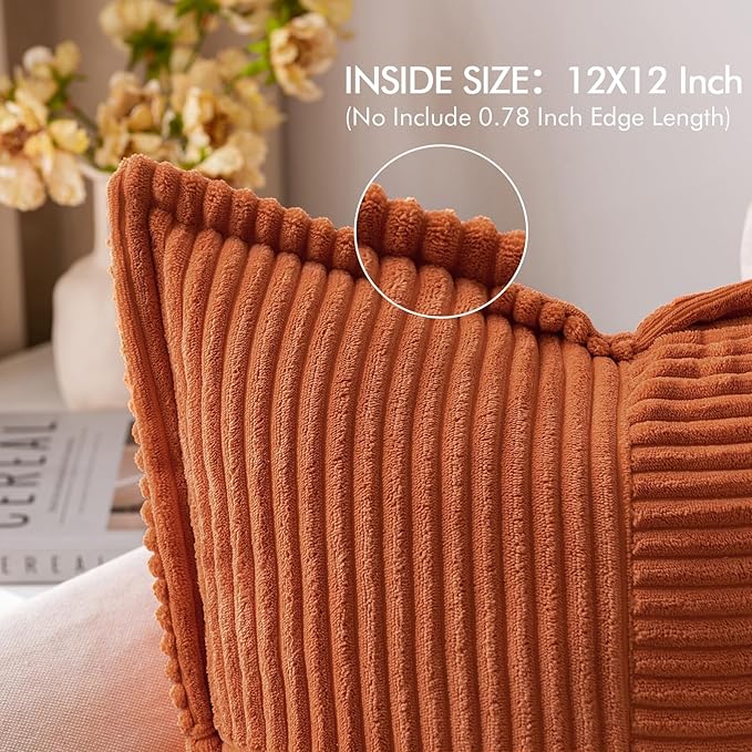 MIULEE Rust Fall Decorative Throw Pillow Covers for Couch Bed Livingroom 12x12 Inch Set of 2 Boho Accent Throw Pllows Broadside Striped Patchwork Soft Corduroy Pillowcases