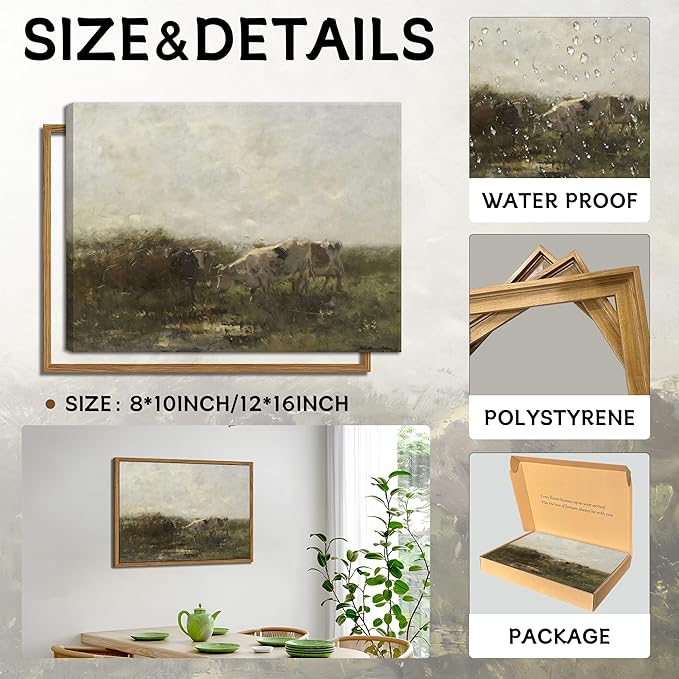 Floating Framed Landscape Canvas Wall Art, French Vintage Natural Country Cows Pictures Wall Decor Artwork, Farmhouse Oil Paintings Prints for Living Room Bedroom Home Decoration 8x10 inch