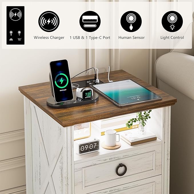 Nightstand with Charging Station,Farmhouse End Side Table with 3 Drawers and Open Storage,Smart Bedside Table with LED Light & Human Sensor for Bedroom,White