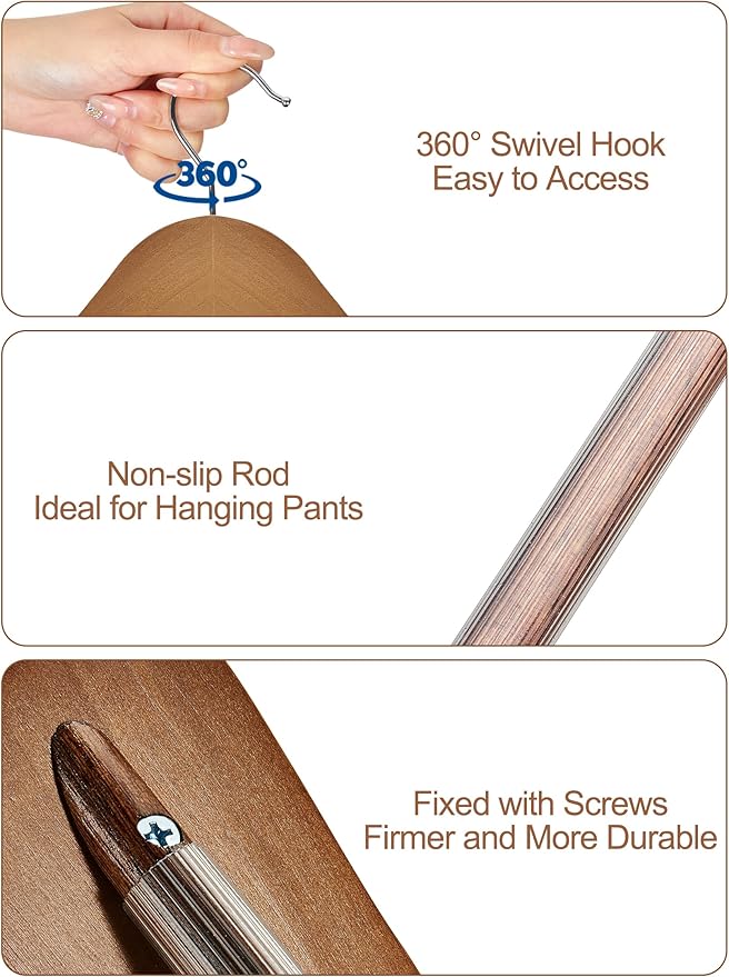 HOUSE DAY Wide Shoulder Wooden Hangers, Suit Hangers with Non Slip Pants Bar, Smooth Finish 360° Swivel Hook Solid Wood Coat Hangers for Dress, Jacket, Pants, Heavy Clothes Hangers 6 Pack (Walnut)
