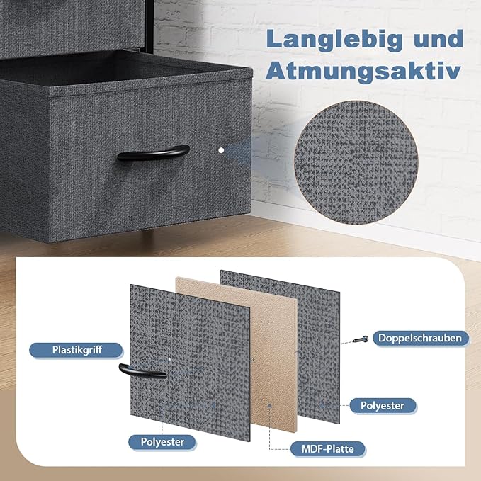 DUMOS Dresser for Bedroom with 8 Fabric Drawers, Tall Chest Organizer Units for Clothing, Closet, Kidsroom, Storage Tower with Cabinet, Metal Frame, Wooden Top, Lightweight Nursery Furniture, Grey