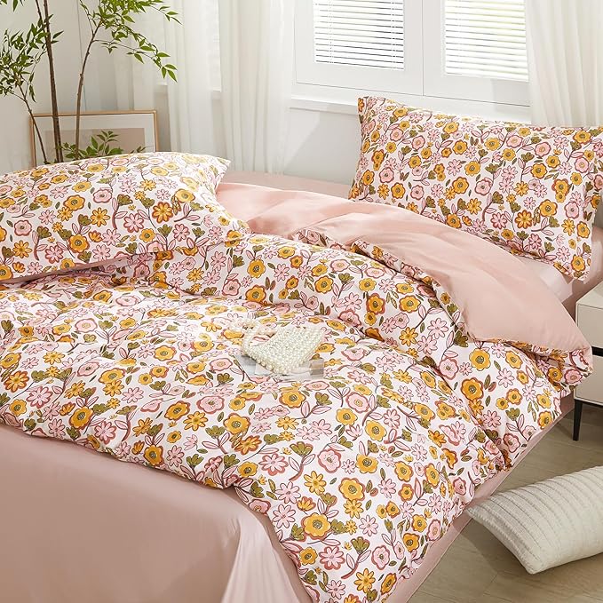 SAPHREAS Yellow Sunflower Floral Duvet Cover Set Full Size 3pcs Garden Style Bedding Comforter Cover Set 100% Cotton 1 Duvet Cover 90"x80" 2 Pillow Shams, Comforter Not Included