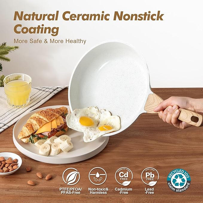 SENSARTE Nonstick Frying Pan Skillets, White Ceramic Coating Omelette Pans, Healthy Cookware Chef's Pan, Free of Intentionally Added PTFE & PFAS (8+11Inch with Lid)