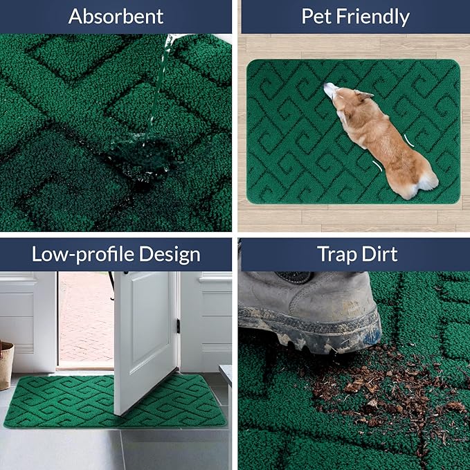 Walensee Indoor Doormat, Front Door Mat for Entrance (32"x48" Green) Machine Washable Entryway Rug, Non Slip Trapper Door Rugs Absorbent Dirt Low Profile Shoes Scraper Inside Floor Mats