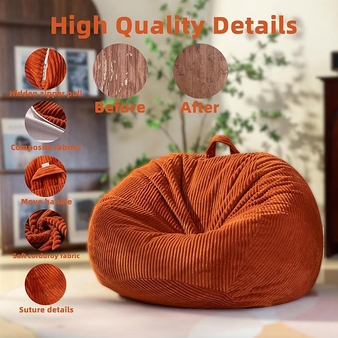 Stuffed Animal Storage Bean Bag Chair Cover, Cover Only (No Filler), Corduroy Toy Organizer Floor Cushion Seat, 48 in/120 cm Slipcover for Teens & Adults,Green