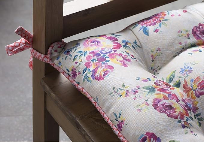 Maison d' Hermine Chair Pads for Dining Chairs Cotton Outer Fabric and Poly Filling 16"x16" Patio Seat Cushions for Furniture with Ties Home Chair Party Hall Farmhouse (Rose Garden, Pack of 2)