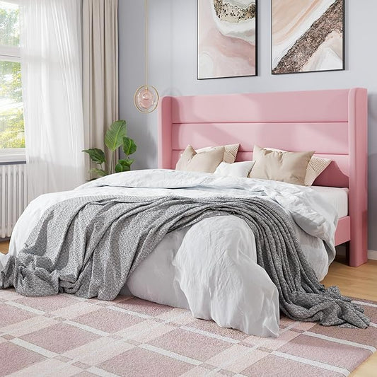 SHA CERLIN Queen Size Velvet Bed Frame/Vertical Channel Tufted Wingback Headboard/Upholstered Platform Bed with Wooden Slats/Mattress Foundation/No Box Spring Needed/Easy Assembly/Pink