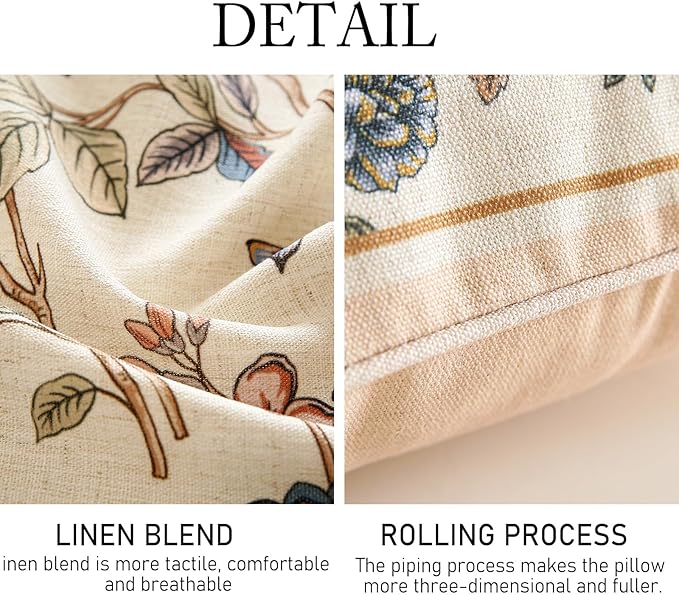 Design Square Floral Bird Linen Throw Pillow Covers 18"x18" Pack of 2, Yellow Pink Cushion Covers with Flower Chinese Hwamei Decor Pillowcases for Bed,Living Room,Outdoor,Car