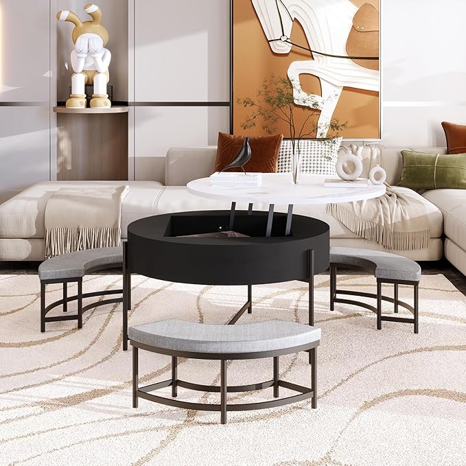 WILLIAMSPACE 31.5" Lift Top Coffee Table Set with Storage & 3 Upholstered Nesting Ottoman, Modern Round Marble Coffee Table Accent Center Table for Living Room, Apartment, White & Black