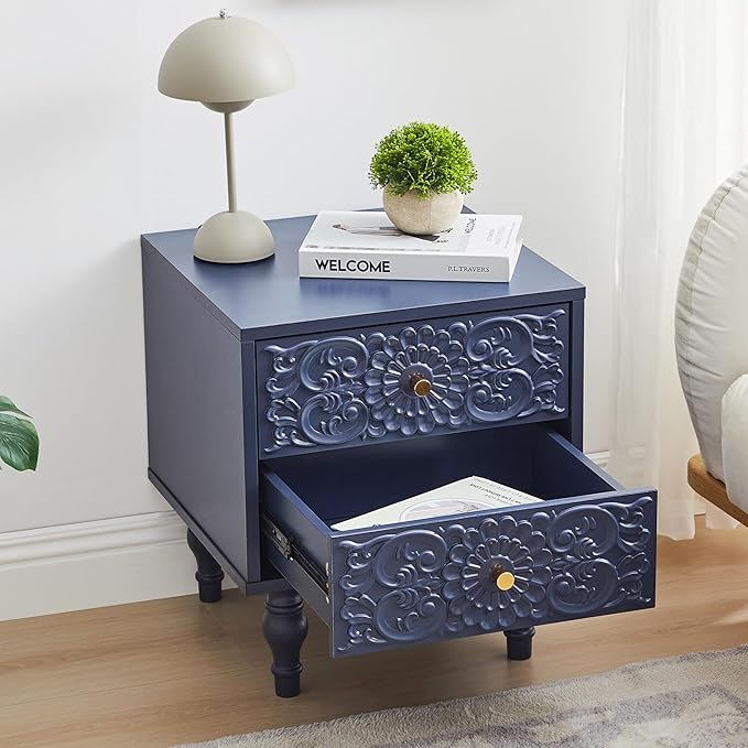 Nightstand, Farmhouse Bedside Table with 2 Drawers and Metal Handles, Wood Sofa Side Table End Table Accent Dresser for Bedroom, Living Room (Blue-2 Packs)