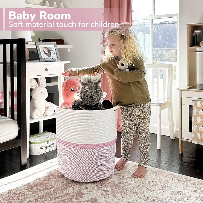 INDRESSME Cotton Basket 17¾ x 15¾ x 13¾ inches Woven Hamper Pink Girl Basket for Gift Toy Blanket Corner Baskets in living Room