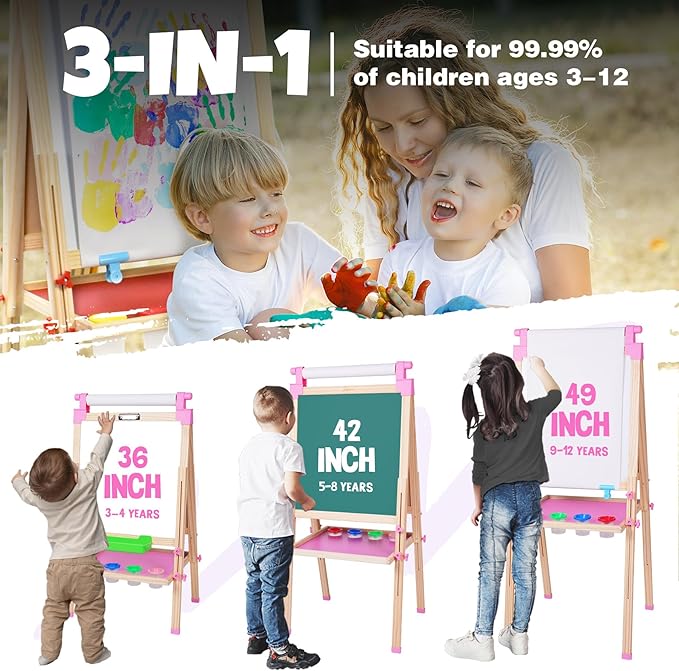 JOYOOSS Easel for Kids Art Easel for Toddlers,Wooden Kid Easel with Paper Roll - Chalkboard for Kids Adjustable Double Sided Kid Dry Erase Board,Outdoor Art Easel Toddler