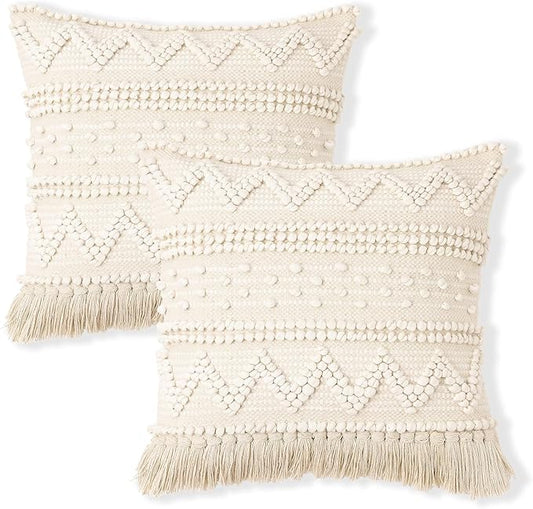 REDEARTH · Boho Textured Throw Pillow Cushion Covers - Woven Tufted Decorative Farmhouse Cases Set for Couch - Bed - Chair - Dining - Patio - Outdoor - 100% Cotton (18"x18" - Natural) Pack of 2