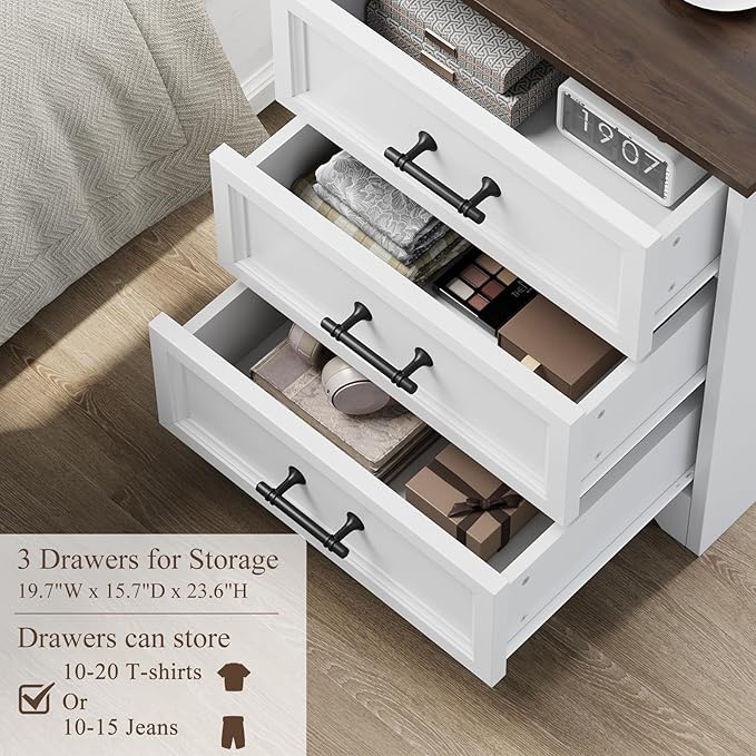 Nightstand Set of 2, Farmhouse Night Stand with Charging Station, White Wood Bedside Table & End Table with 3 Drawers, Side Table Storage Cabinet with Metal Handles for Bedroom, Living Room