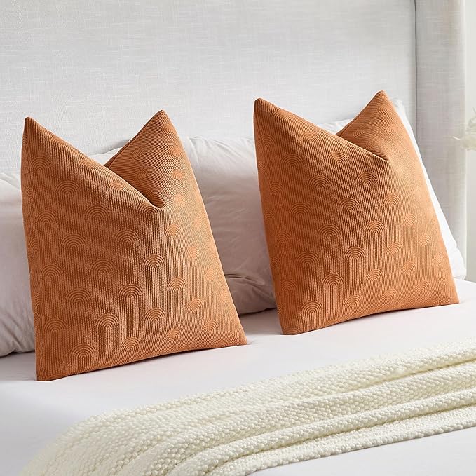 FUTEI Burnt Orange Chenille Decorative Throw Pillow Covers 26x26 Inch Set of 2,Soft Cozy Striped Geometric Patterns Euro Pillow Sham,Modern Home Decor for Couch Bed Living Room