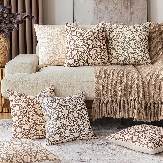 Foindtower Set of 2 Decorative Neutral Floral Throw Pillow Covers Accent Farmhouse Cushion Covers Boho Vintage Pillowcase for Couch Sofa Bedroom Living Room Home Decor Outdoor,18×18 Inch,Tan