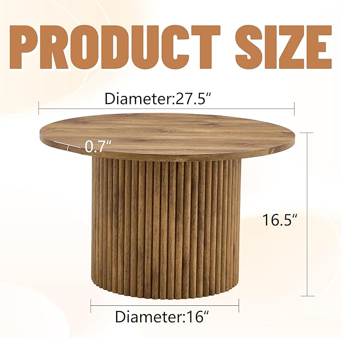 WILLIAMSPACE 27.5" Round Coffee Table with Ylindrical Leg, Modern Farmhouse Wood Circlar Center Table Accent Side End Table for Living Room Apartment, Natural