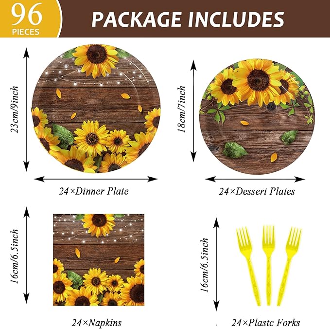 96 Pcs Sunflower Party Plates Napkins Tableware Set Sunflower Wood Grain Themed Supplies Disposable Dinnerware Sunflower Decoration Favors for Kids, 24 Guests