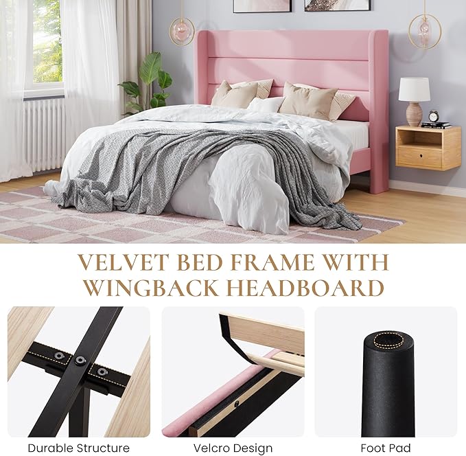 SHA CERLIN Full Size Velvet Bed Frame/Vertical Channel Tufted Wingback Headboard/Upholstered Platform Bed with Wooden Slats/Mattress Foundation/No Box Spring Needed/Easy Assembly/Pink