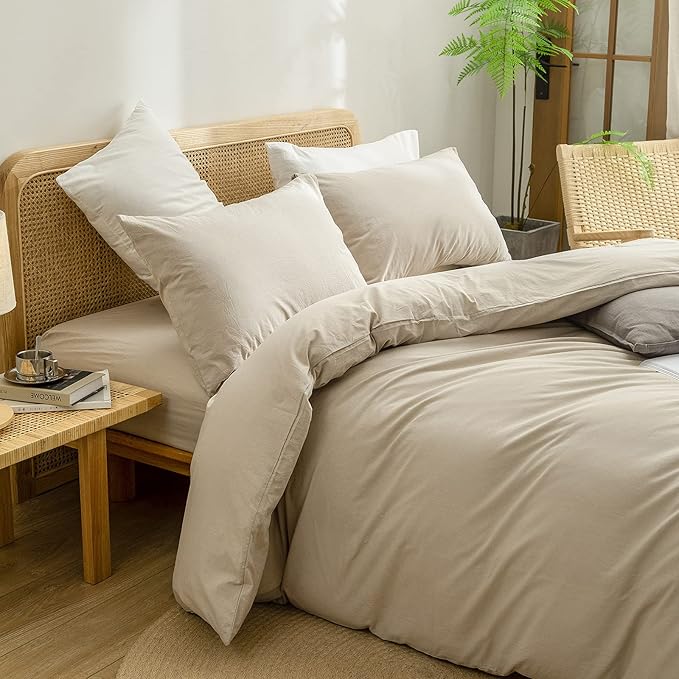 BESTOUCH Duvet Cover Set 100% Washed Cotton Linen Feel Super Soft Comfortable Chic Lightweight 3 PCs Home Bedding Set Solid Almond Milk Grey Full/Double