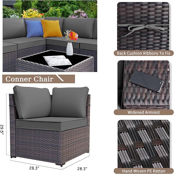Kurapika 12 Pieces Patio Furniture Set, Rattan Wicker Outdoor Conversation Sets w/4 Inch Cushion and Glass Coffee Table(Grey)