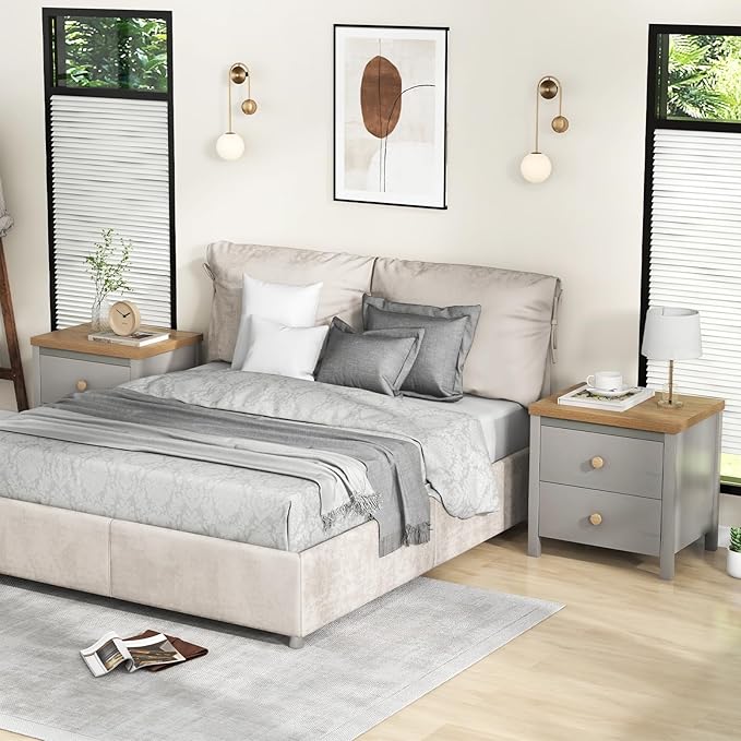 Giantex Night Stand with 2 Drawers Set of 2, Farmhouse Bedside Table with Cute Round Knobs, Wooden Floor End Table with Rubber Wood Legs, Small Sofa Side Table for Small Space Kids Bedroom, Grey