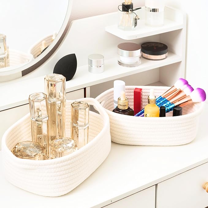 MINTWOOD Design 5-Piece Small Decorative Woven Storage Baskets Set for Shelves, Bathroom, Pantry and Nightstand Organizer, Catch All Tray for Organizing Gifts, Dog and Cat Toys, Creamy White