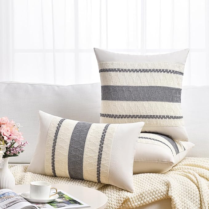 Fancy Homi Set of 2 Neutral Grey Farmhouse Big Decorative Throw Pillow Covers 24x24 Inch for Couch Bed Chair, Vintage Country Rustic Retro Room Decor, Soft Thick Cotton Handmade Woven Cushion Case