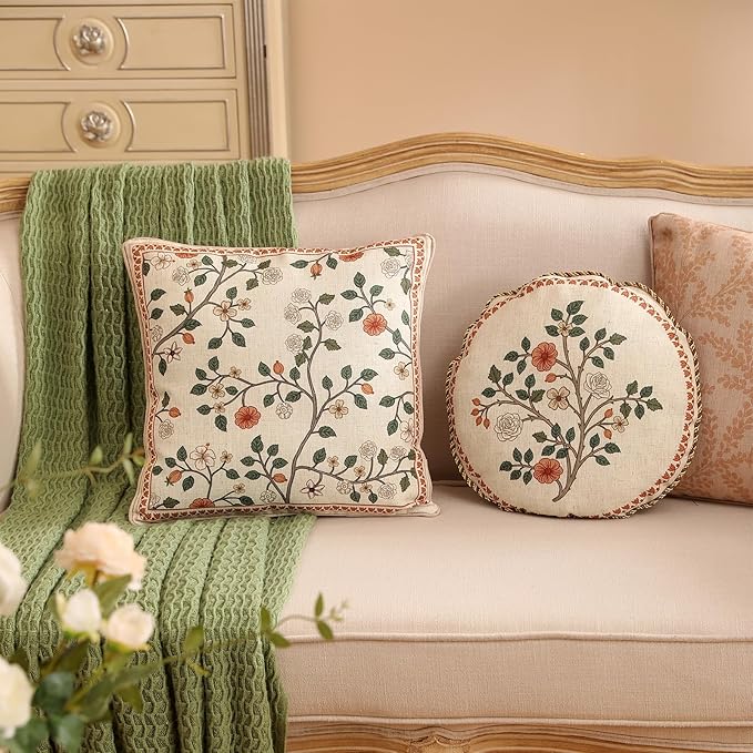 Design Linen Classic Throw Pillow Covers Diameter 16" Pack of 2, French Farmhouse Round Cushion Covers with Orange White Floral Pattern Decor Pillowcases for Bed,Living Room,Outdoor,Car