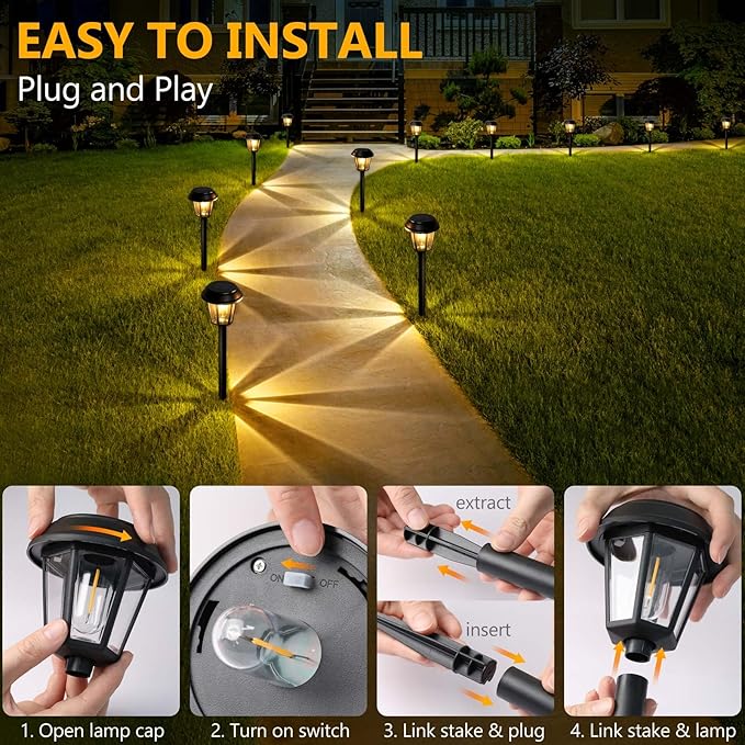 Solar Pathway Lights Outdoor 12 Pack Solar Lights Outdoor Waterproof 3000K Warm White Tungsten Filament Bulb for Yard Garden Landscape Path Driveway Lawn