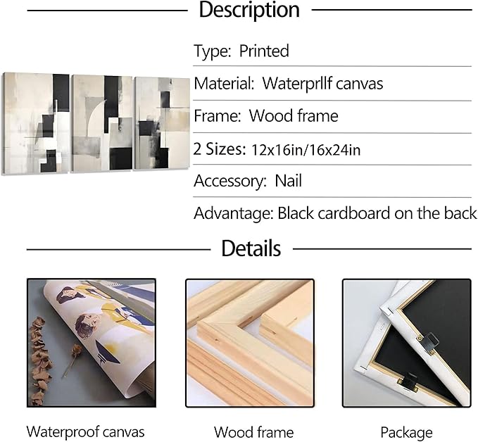 3Pcs Framed Neutral Abstract Canvas Wall Art Floral Pictures Modern Minimalist Posters Prints Beige Black Flower Wall Decoration for Living Room Bedroom Bathroom Office 12x16in