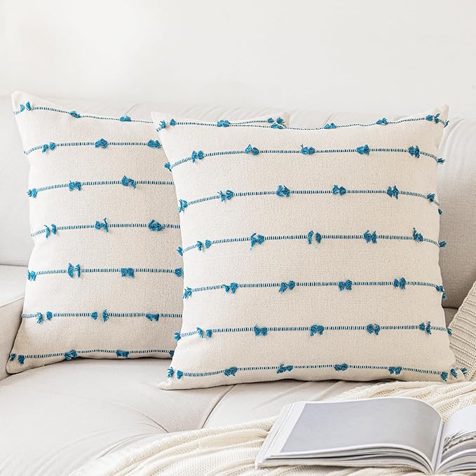 Boho Throw Pillow Covers 24x24 Set of 2 Modern Farmhouse Decorative Cushion Case Tufted Square Pillows Cover Neutral Pillow Cases Accent Pillowcase for Sofa,Couch,Bed,Beige and Blue