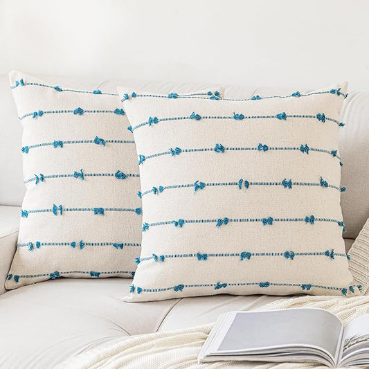 Boho Throw Pillow Covers 20x20 Set of 2 Modern Farmhouse Decorative Cushion Case Tufted Linen Square Pillows Cover Neutral Pillow Cases Accent Pillowcase for Sofa,Couch,Bed,Beige and Blue