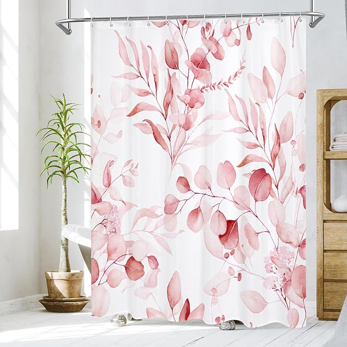 MitoVilla Pink Spring Floral Shower Curtain, Modern Plants Botanical Fabric Cloth Shower Curtains for Chic Elegant Bathroom Decor, Summer Watercolor Eucalyptus Leaf, 72x72