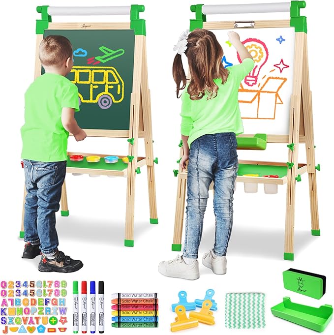 JOYOOSS Easel for Kids - Adjustable Wooden Art Easel with Paper Roll,Magnetic Double Sided Dry Erase Board,Outdoor Easel for Toddlers,Green