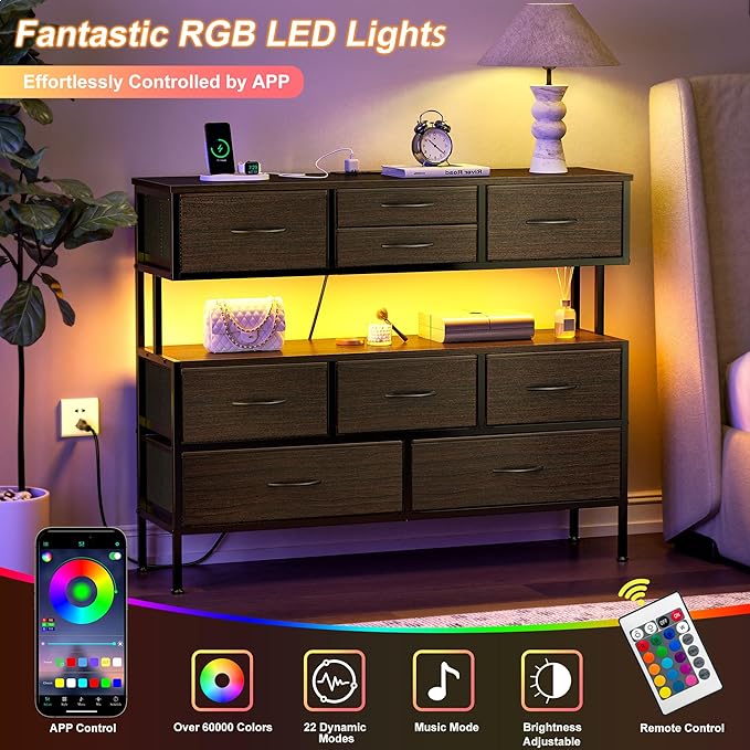 REAHOME Dresser TV Stand with Charging Station and LED Lights, 55” TV Stand Entertainment Center with 9 Drawers, Steel Frame, Large Storage Chest of Drawers for Bedroom, Living Room, Brown