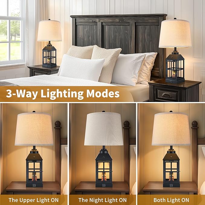 25" Farmhouse Table Lamp for Living Room, Black Lamp with USB Port and Nightlight, Rustic Table Lamp for Bedroom, Bedside Lamp for Nightstand, End Table, Home, Office, LED Bulb Included