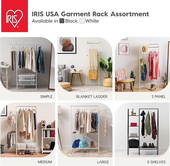 IRIS USA Stylish Corner Clothes Rack for Hanging Clothes, Easy to Assemble, Freestanding Metal Sturdy Garment Rack, Small Space Storage Solution, Modern Versatile Design, Boutique Style, Black