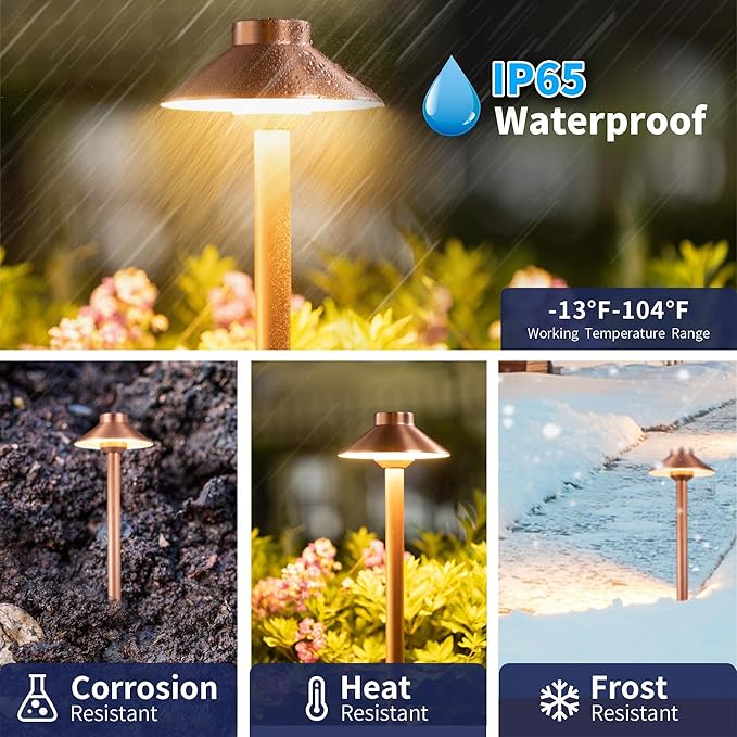 Low Voltage Landscape Lighting Brass, 12v Pathway Lights Waterproof, Hard Wired Path Light Outdoor, Mushroom Copper for Exterior Area Patio House with 3W 270LM 3000K G4 Bulb (6 Pack)