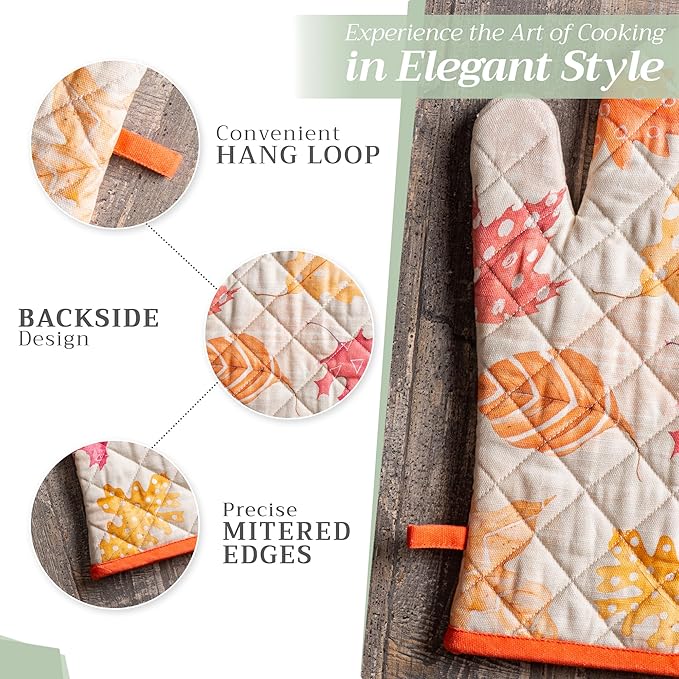Maison d' Hermine Oven Gloves 100% Cotton Oven Mitt 7" x 13" with Loop Heat Resistant BBQ Cooking Gloves for Thanksgiving Christmas Decorations Baking Handling Hot Pans (Pack of 1, Colours of Autumn)