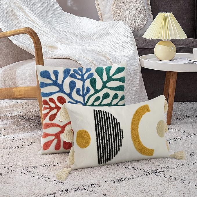 Merrycolor Boho Lumbar Throw Pillow Cover 12x20 Bohemian Tufted Decorative Pillow Covers with Tassels Mid Century Modern Aesthetic Throw Pillow Case for Couch Sofa Bedroom Living Room