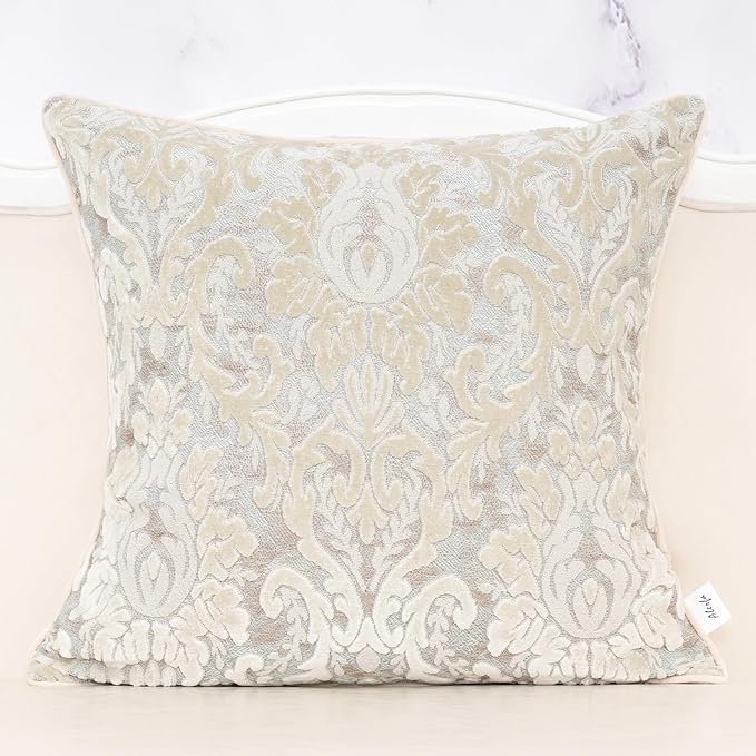 Alerfa Boho White Floral Throw Pillow Cover 20x20 Inch Cut Velvet Sqaure Luxury Embroidered Decorative Pillow Cover for Couch Living Room Bedroom