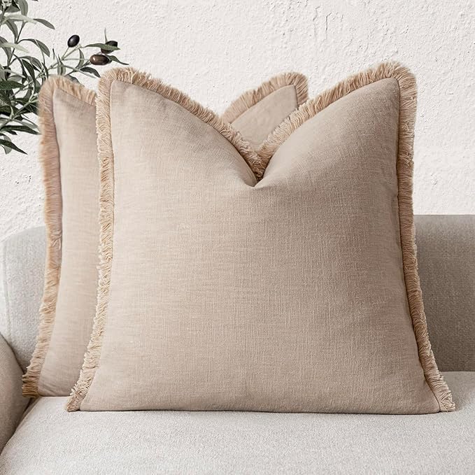 Foindtower Set of 2 Decorative Linen Fringe Throw Pillow Covers Boho Farmhouse Cushion Cover with Tassels Accent Pillowcase for Couch Chair Sofa Bed Living Room Home Decor,22×22 Inch,Tan Beige