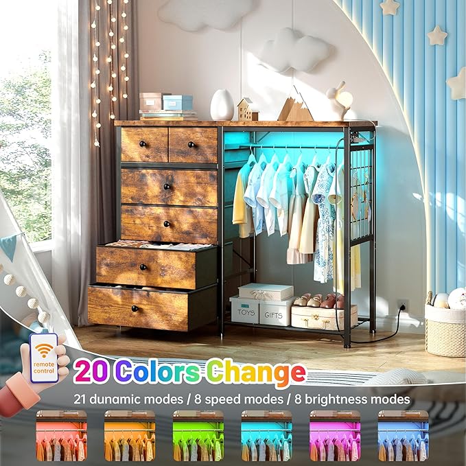 EnHomee 49.2" W Dresser with Hanging Rack & 6 Fabric Drawers – Wooden Top Storage Unit Featuring LED Lights, Charging Station & Grid Panel for Bedroom or Closet, Rustic Brown