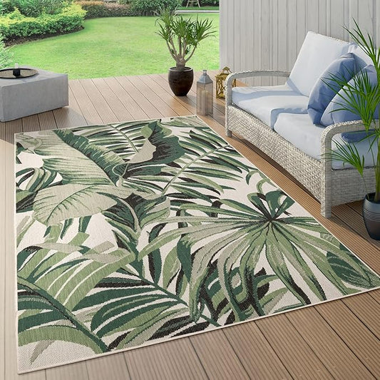in- & Outdoor Rug Tropical Palm Leaf Design for Patio in Green Beige, Size: 6'7" x 9'6"