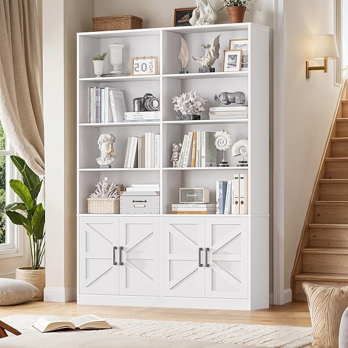 White Bookshelf and Bookcase with 4 Doors, 6 Tier Large Book Shelf with Storage Cabinets, Modern Floor Standing Display Shelves, 71” Tall Book Case for Living Room, Home Office, Library